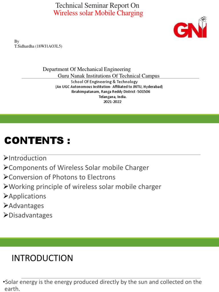 Wireless Solar Mobile Charger Overview | PDF | Battery Charger | Wireless