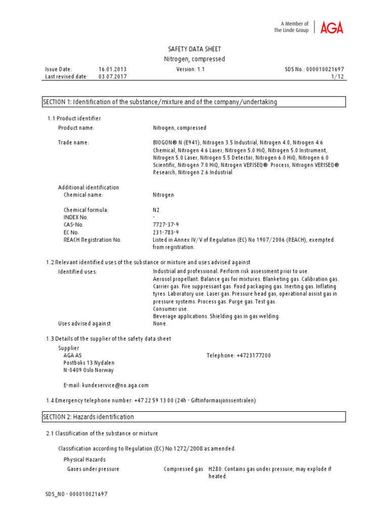 Safety Data Sheet Nitrogen, Compressed PDF Firefighting Toxicity