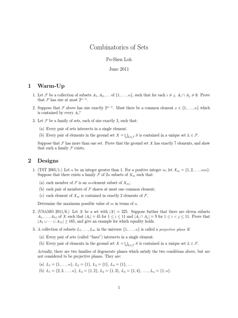 An Introduction to Combinatorics of Sets WarmUp Exercises and Designs, Graphs, Extremal Set