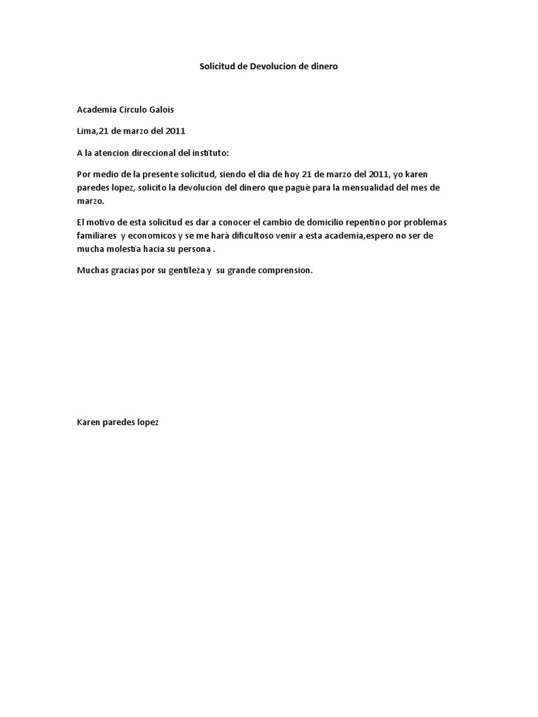 Solicitud De Devolucion De Dinero PDF