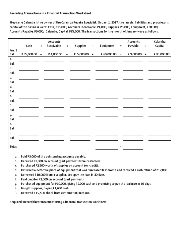 Recording Transactions in A Financial Transaction Worksheet | PDF