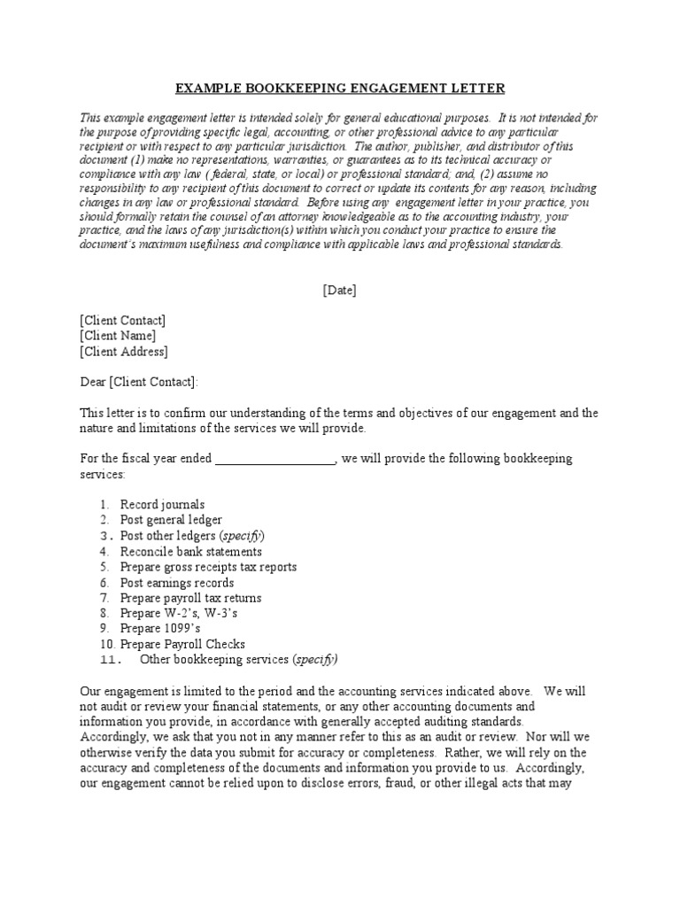Bookkeeping Engagement Letter Internal Control Bookkeeping