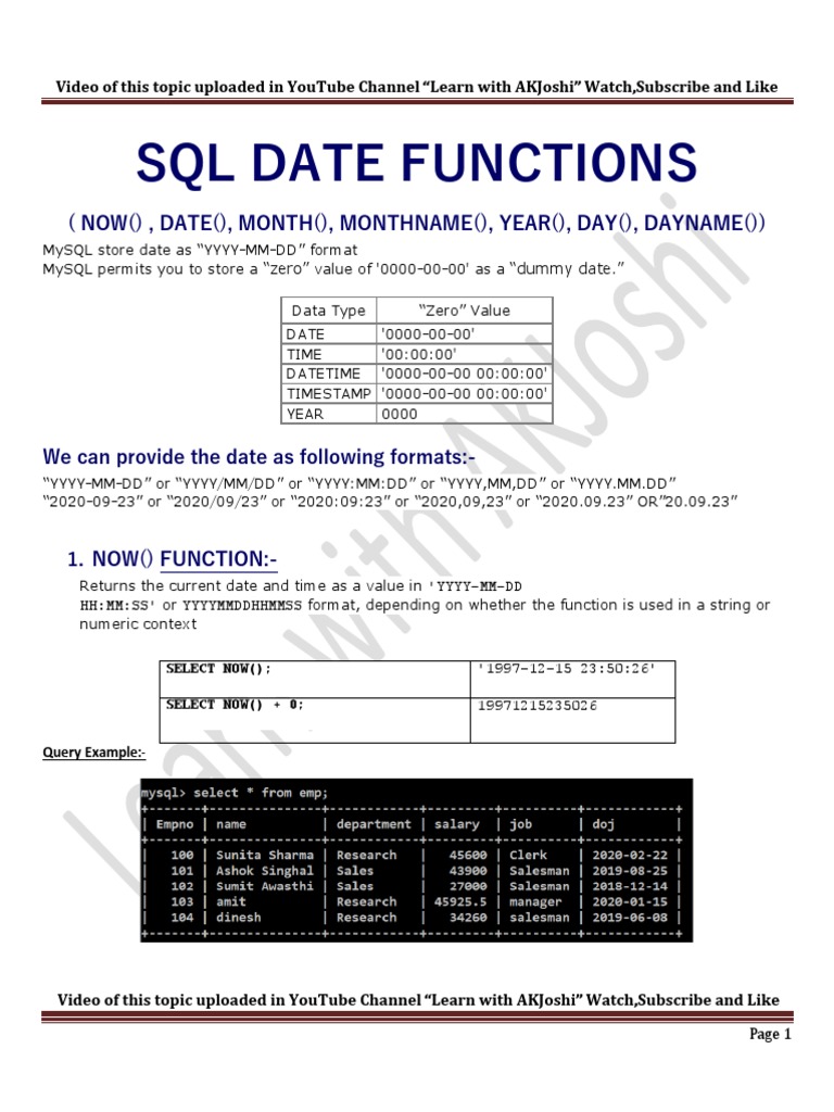 SQL-3 Date Time Function | PDF | You Tube | Software Development