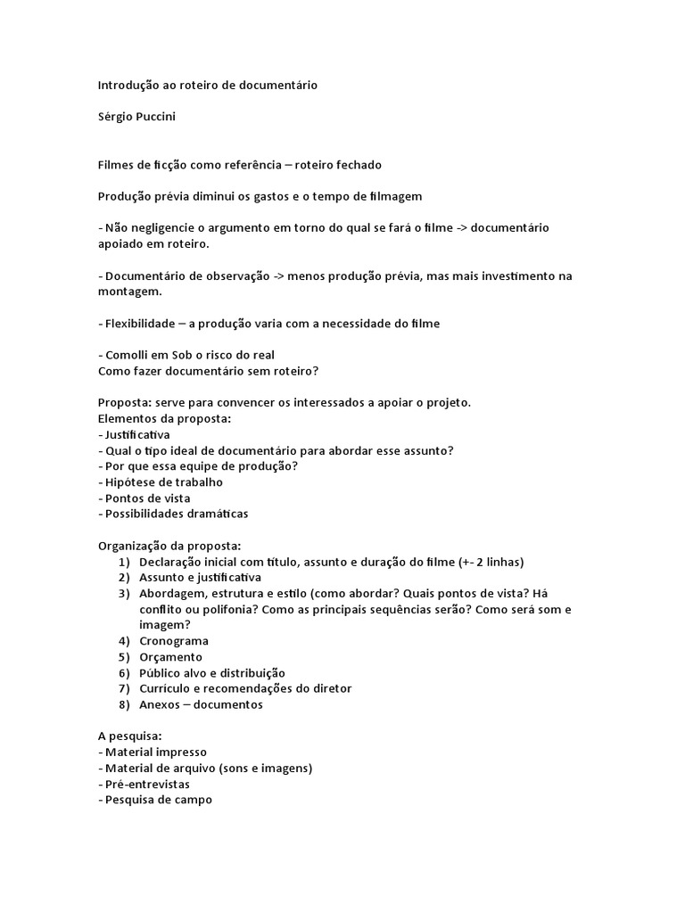 Introdução Ao Roteiro De Documentário Pdf Documentário Roteiro