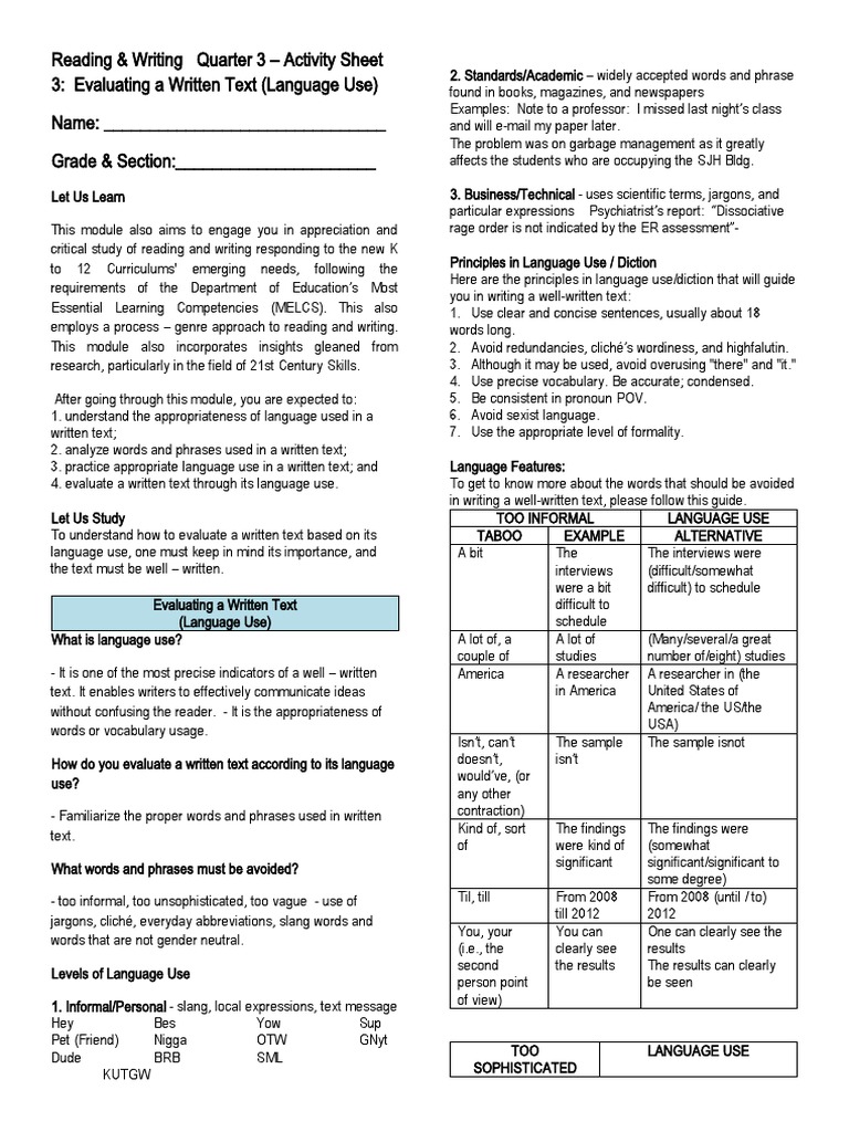 Reading & Writing Quarter 3 Activity Sheet 3 Evaluating A Written