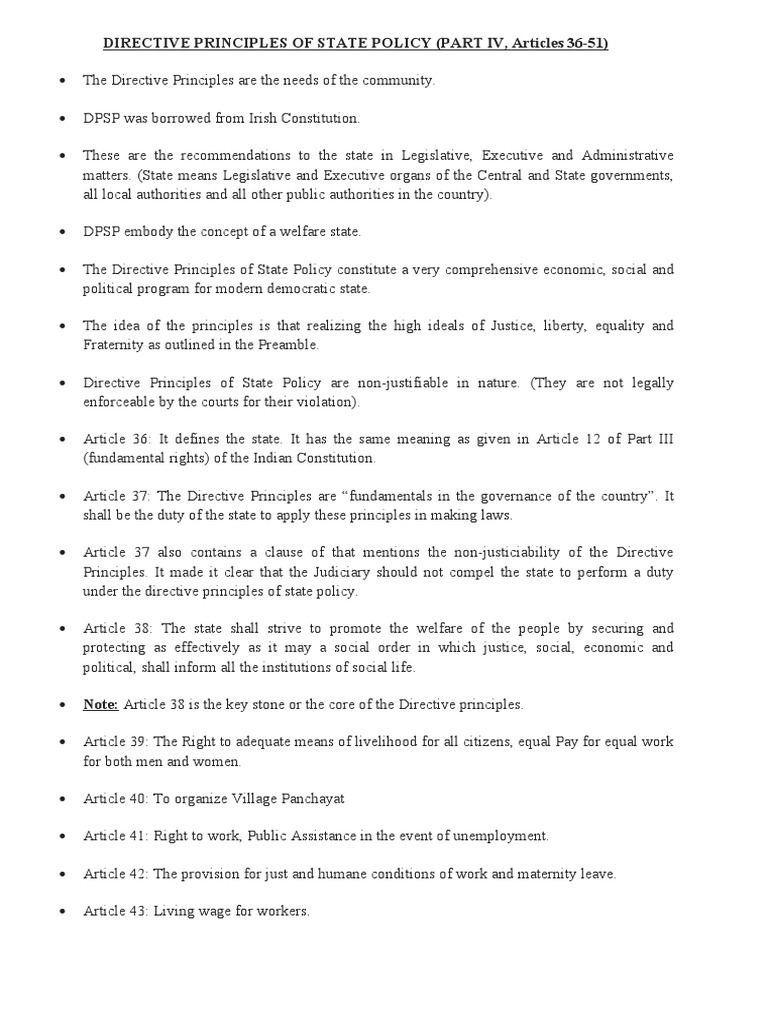 Directive Principles of State POLICY (PART IV, Articles 36-51) | PDF ...