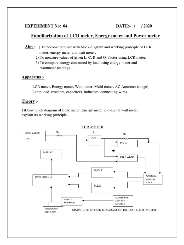 Familiarization of LCR Meter, Energy Meter and Power Meter Experiment