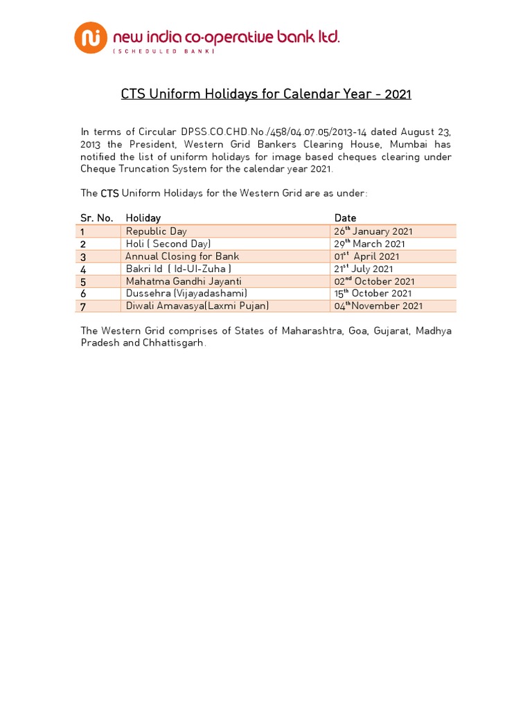 CTS Uniform Holidays For Calendar Year 2021 TH TH ST ST ND TH TH PDF