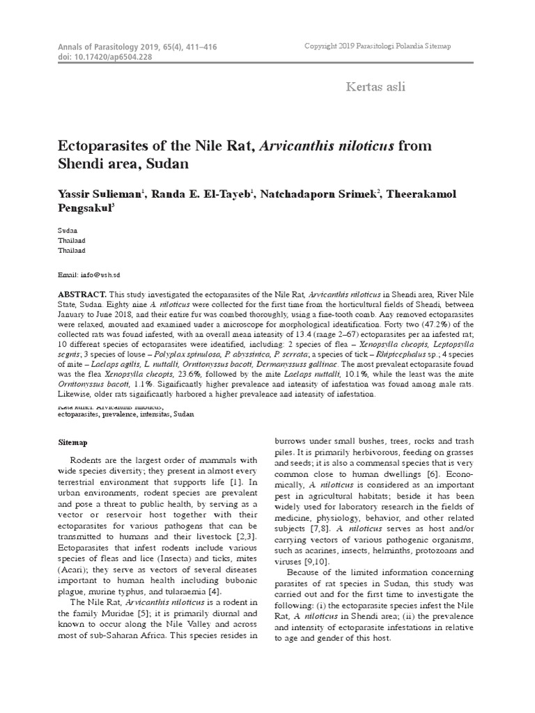 Ectoparasites of The Nile Rat, Arvicanthis Niloticus From Shendi Area ...