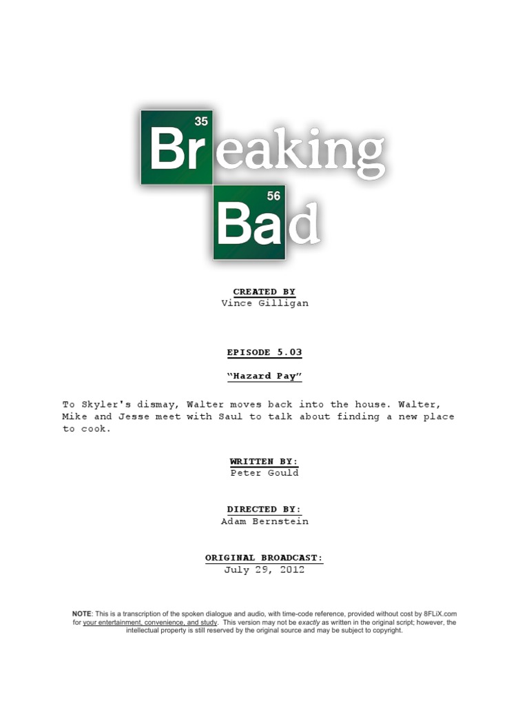 Breaking Bad Episode Script Transcript Season 5 03 Hazard Pay | PDF ...