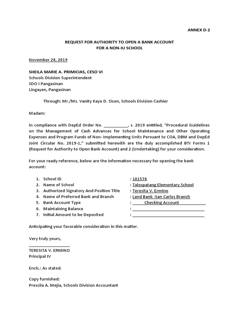 Request For Authority To Open A Bank Account | PDF | Justice | Crime ...