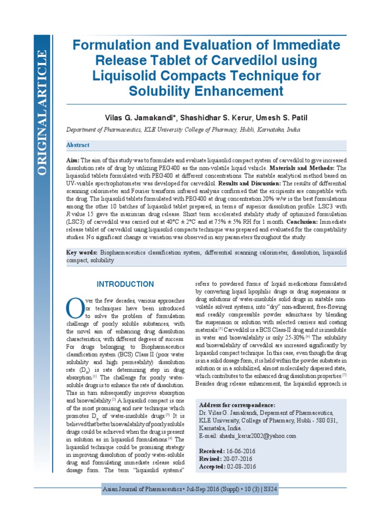 Formulation and Evaluation of Immediate Release Tablet of Carvedilol ...