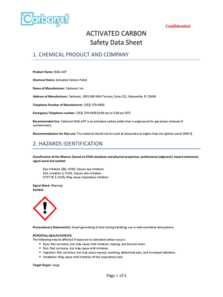 Activated Carbon Safety Data Sheet 1. Chemical Product and Company