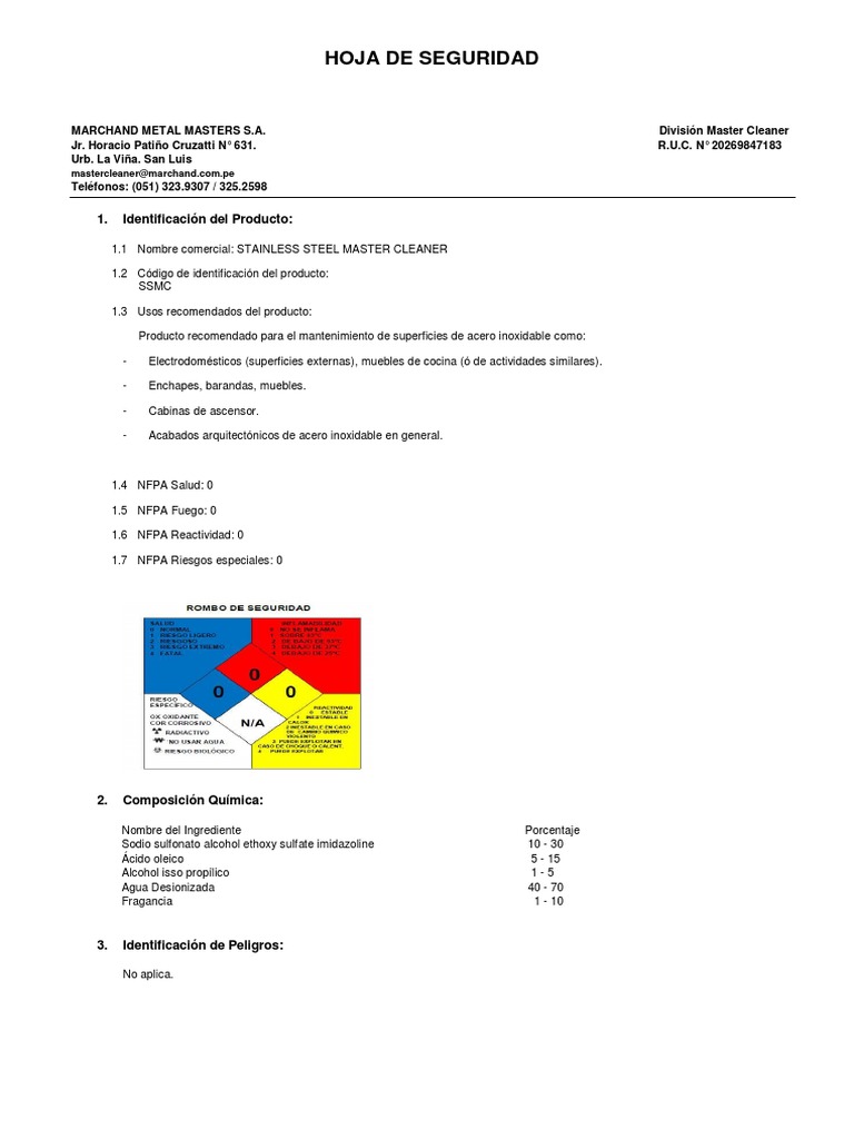 Hoja de Seguridad Stainless Steel Master Cleaner PDF Agua Solubilidad