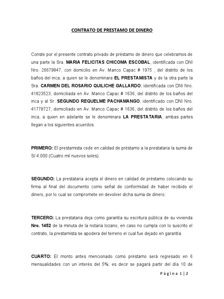 Contrato de Préstamo de Dinero S/ 4000 | PDF | Finanzas y dinero ...