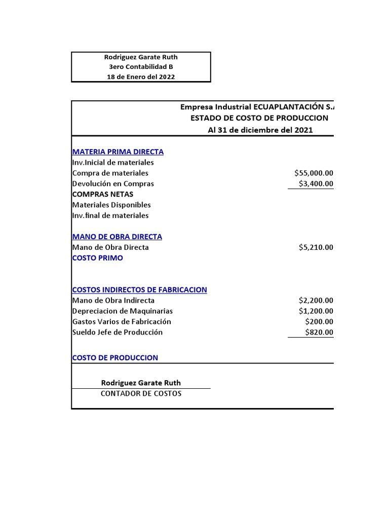 Estado de Costo y Resultados 2021 ECUAPLANTACIÓN | PDF | Costo ...