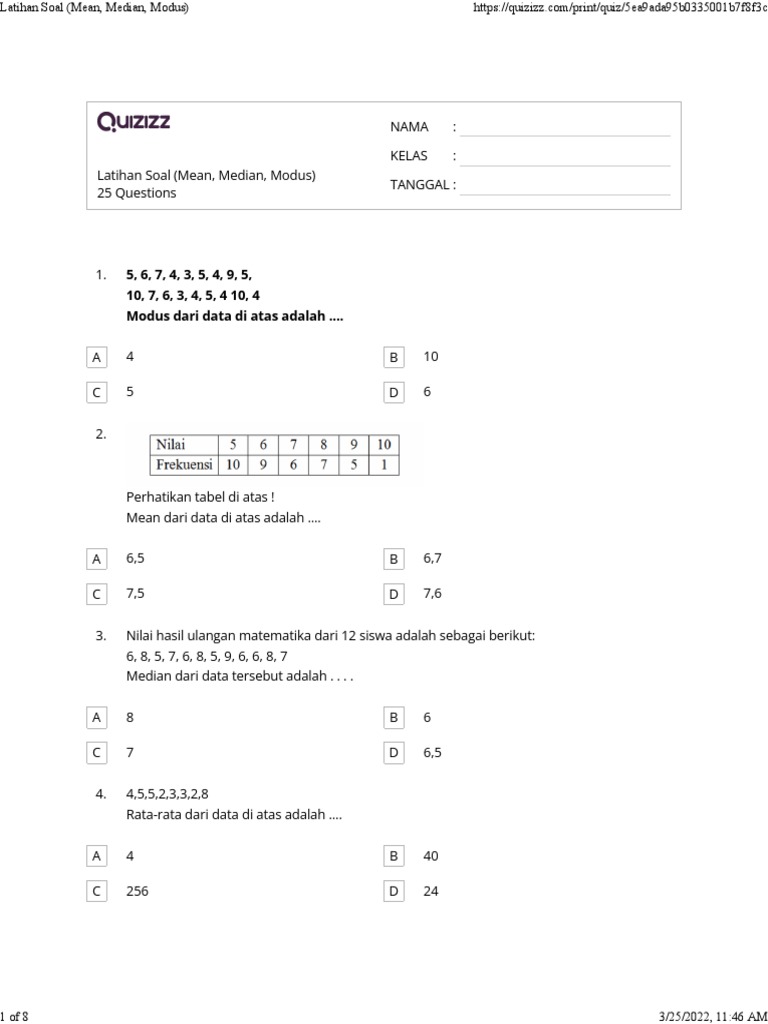 Latihan Soal Mean Median Modus