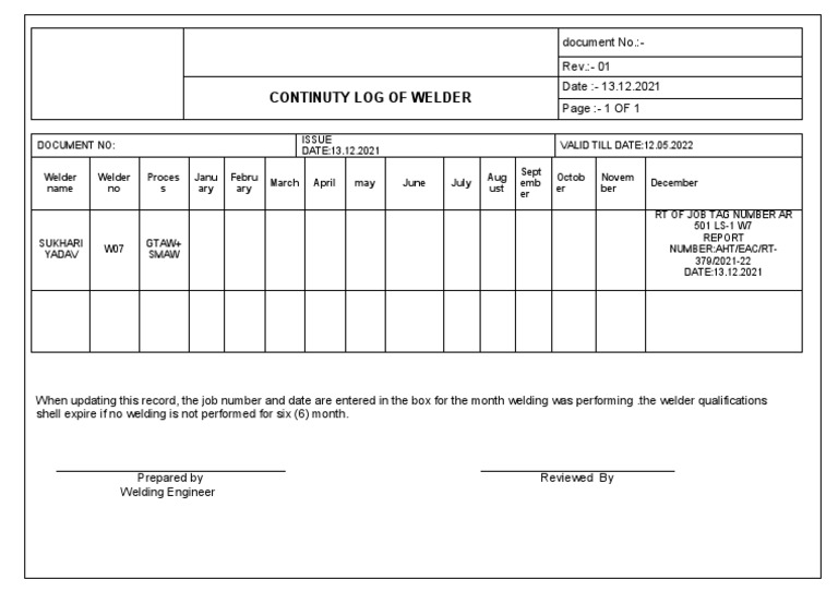 Welder Continuity Log - Sukhari Yadav | PDF | Welding | Construction