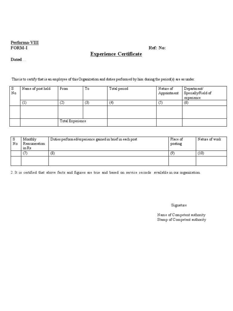 Experience Certificate Performa Form | PDF