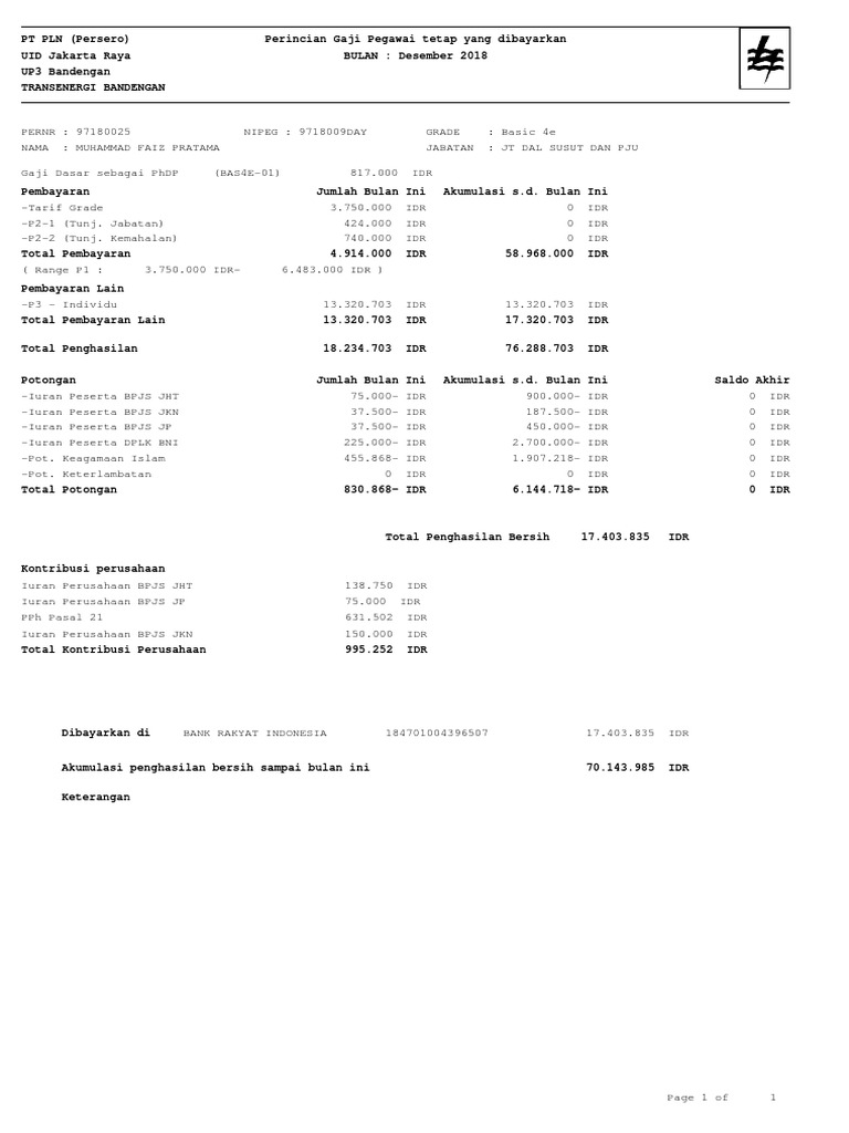 Contoh SLIP Gaji PLN Desember 2018 PDF