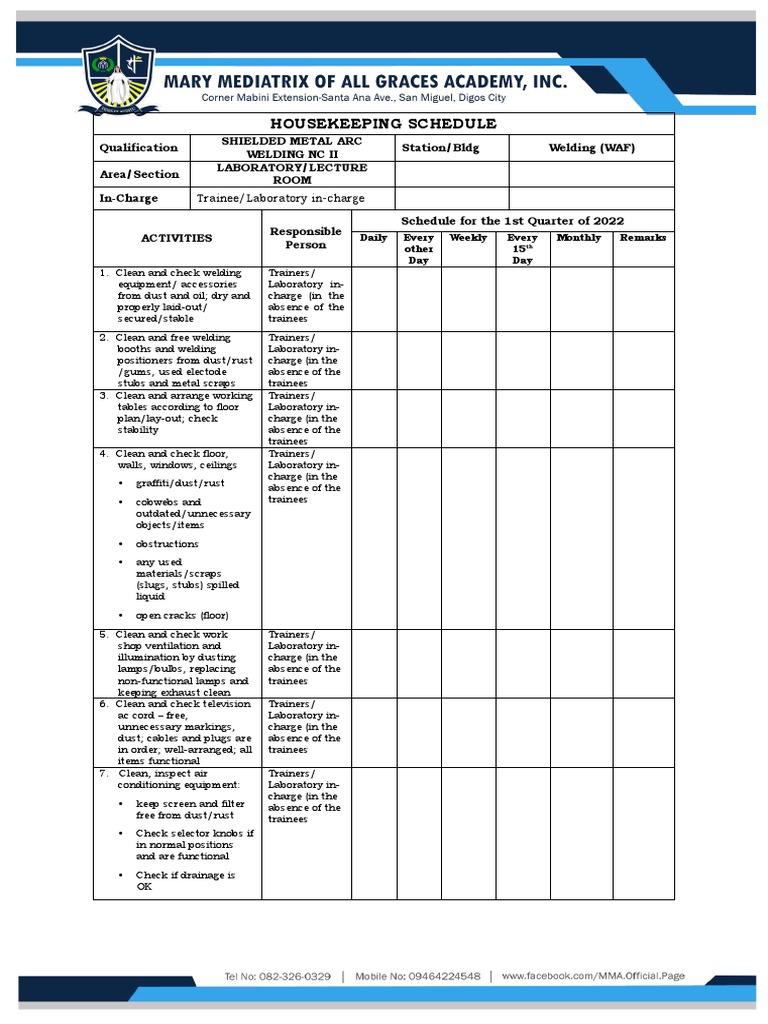 HOUSEKEEPING SCHEDULE SMAW PDF Welding Construction