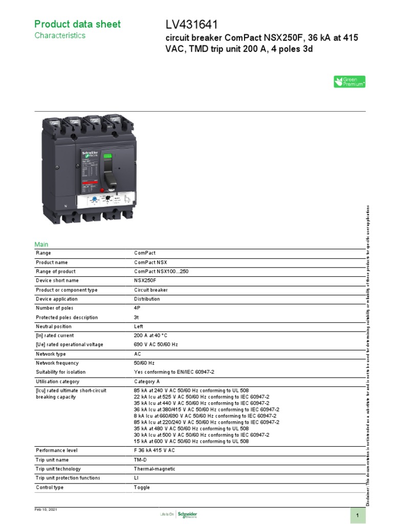 NSX250F Circuit Breaker Data Sheet | PDF | Alternating Current