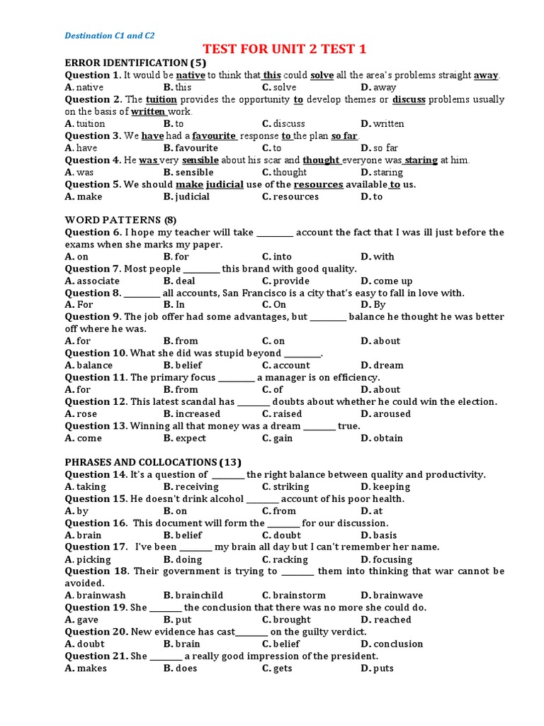 Test For Unit 2 Test 1 PDF
