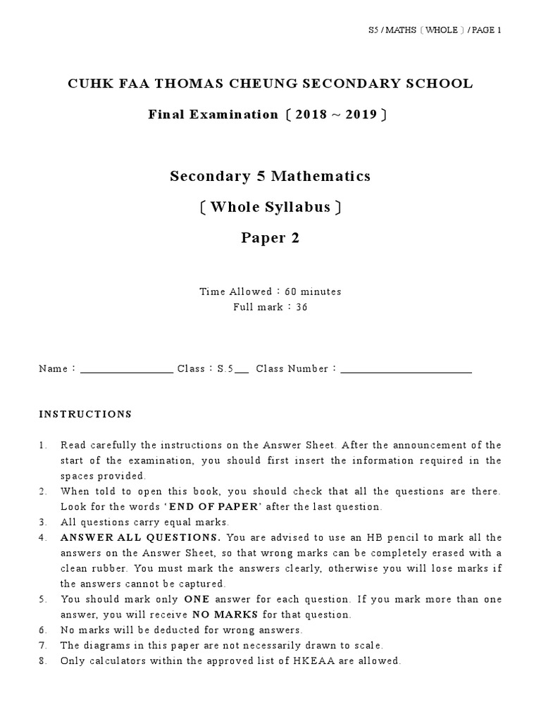 Secondary 5 Mathematics Exam Paper | PDF | Quadratic Equation ...