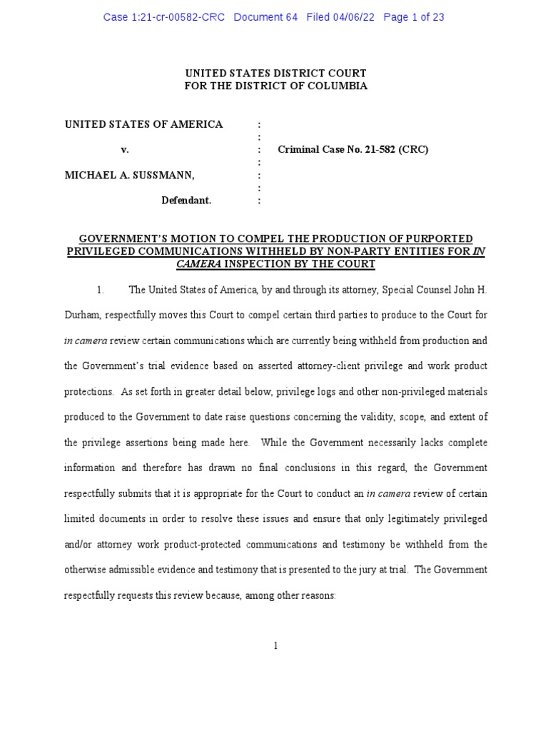 Durham Motion To Compel Production of Purported Privileged Documents