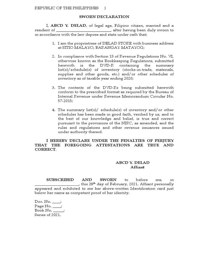 Sworn Declaration for BIR Compliance | PDF