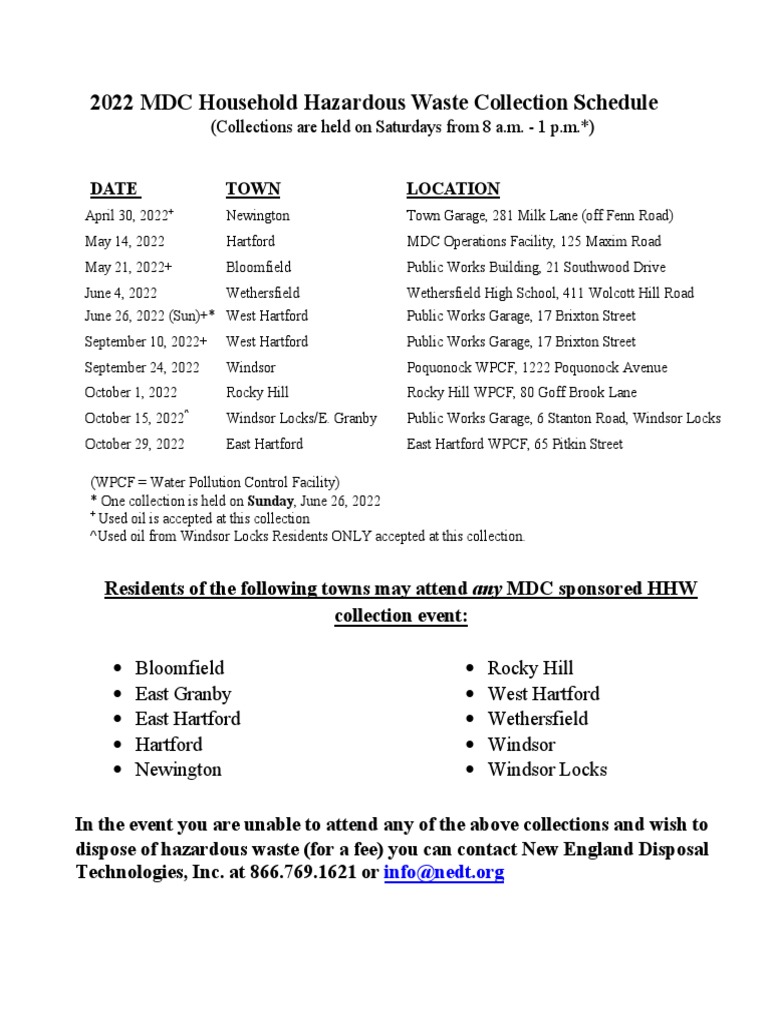 2022 Schedule MDC Household Hazardous Waste Collection Schedule Final 2