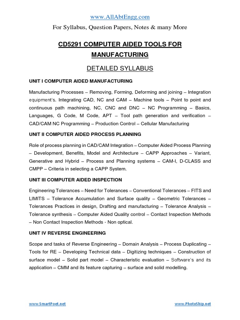 Cd5291 Computer Aided Tools For Manufacturing: For Syllabus, Question ...