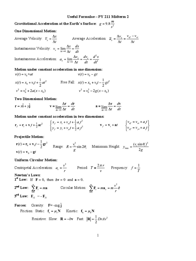 Essential Physics Formulas for PY 211 | PDF | Acceleration | Rotation ...