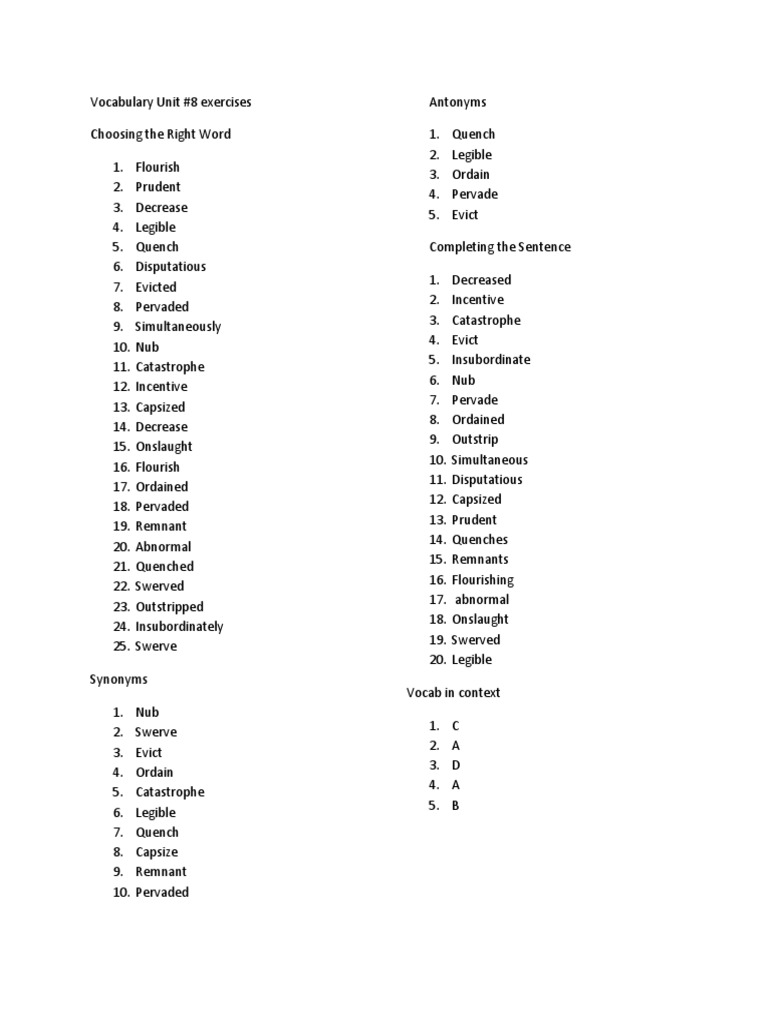 Vocabulary Unit 8 Answers 1e5az3g | PDF | Language Arts