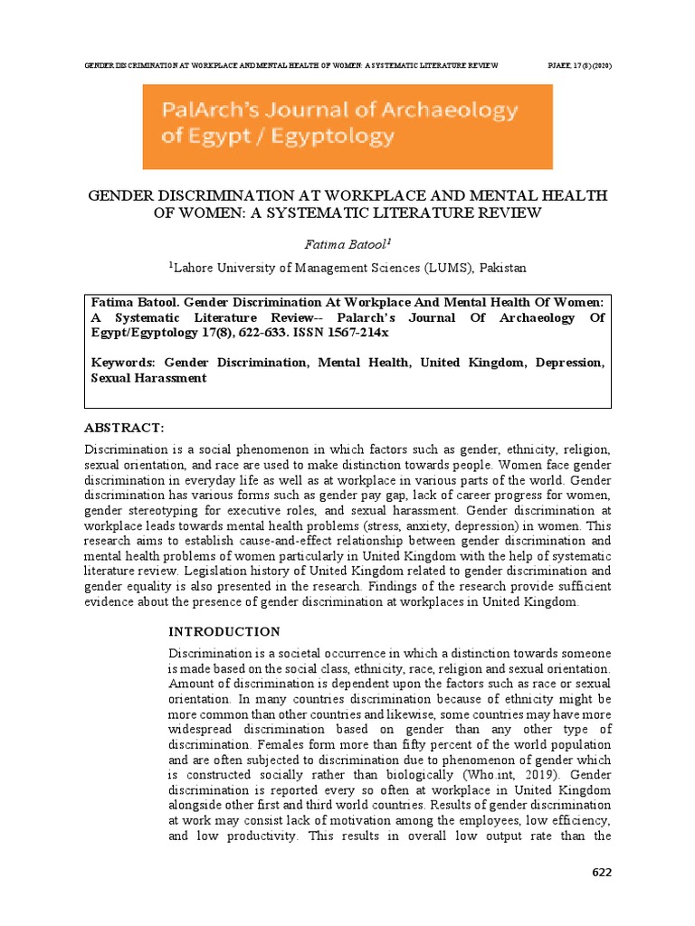 Gender Discrimination at Workplace and Mental Health of Women: A ...
