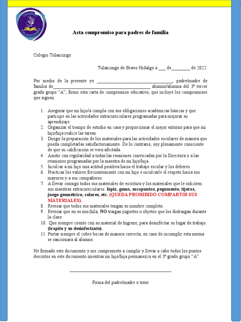 Acta de Compromiso para Padres de Familia | PDF