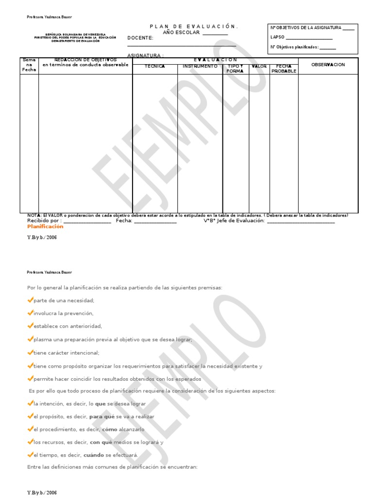 Formato Plan de Evaluacion | PDF | Planificación | Evaluación