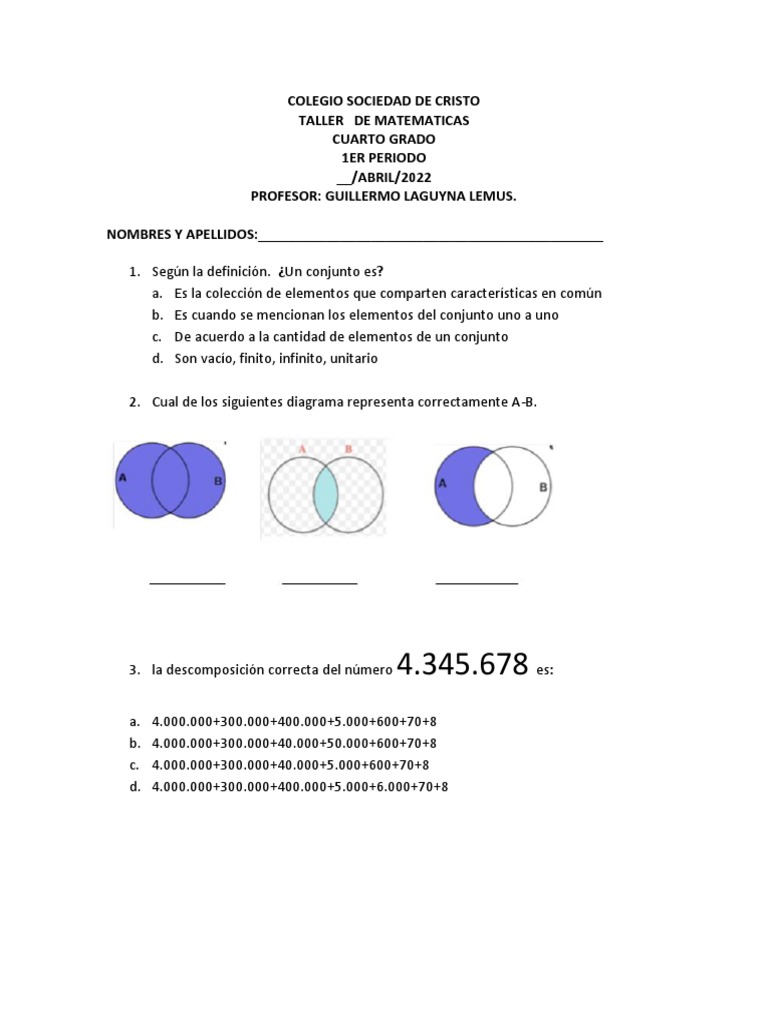 Taller de Matematicas Cuarto Grado | PDF | Sustracción | Matemática ...