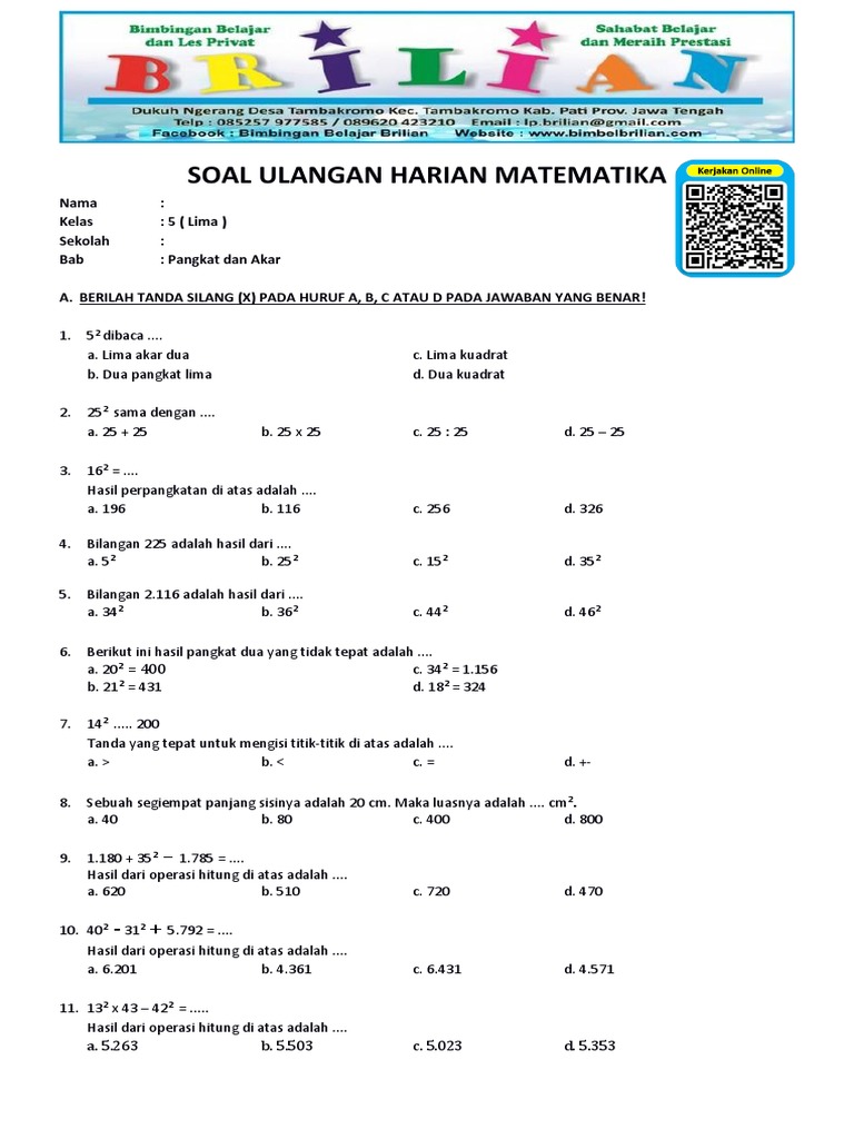 Soal Matematika Kelas 5 SD Bab 2 Pangkat Dan Akar Bilangan Bulat Dan ...