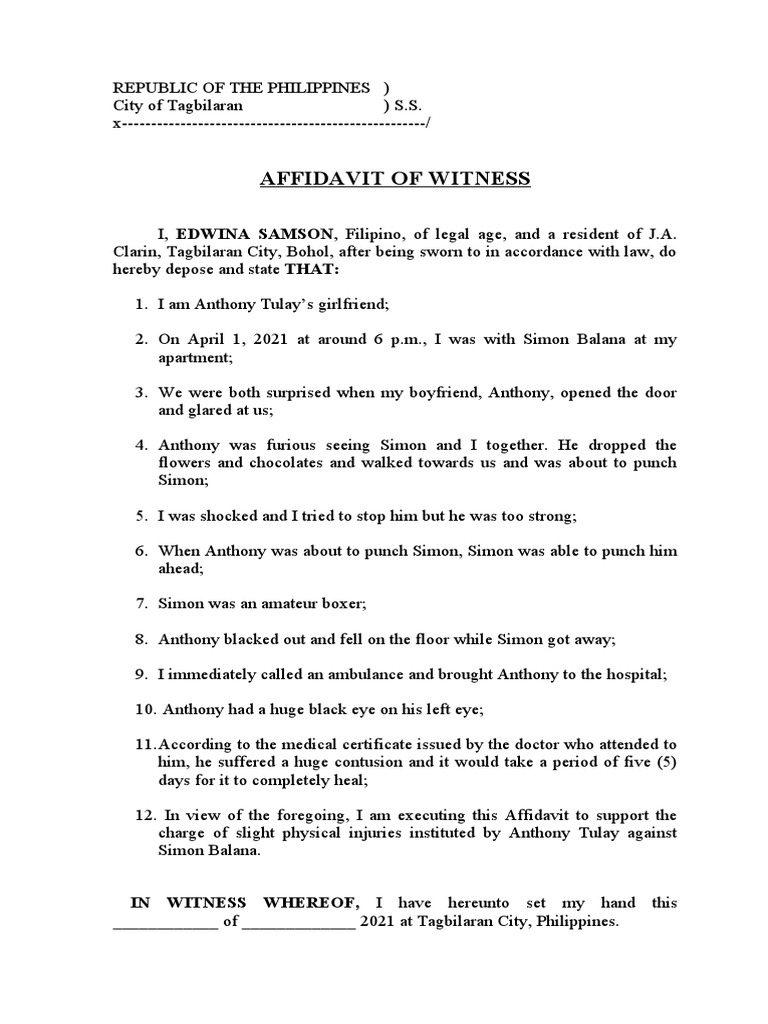 Sample Judicial Affidavit of A Witness Slight Physical Injuries PDF