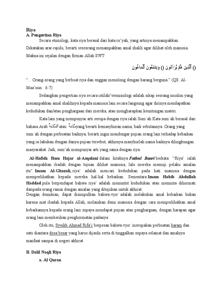 Pengertian dan Dalil Riya dalam Islam | PDF