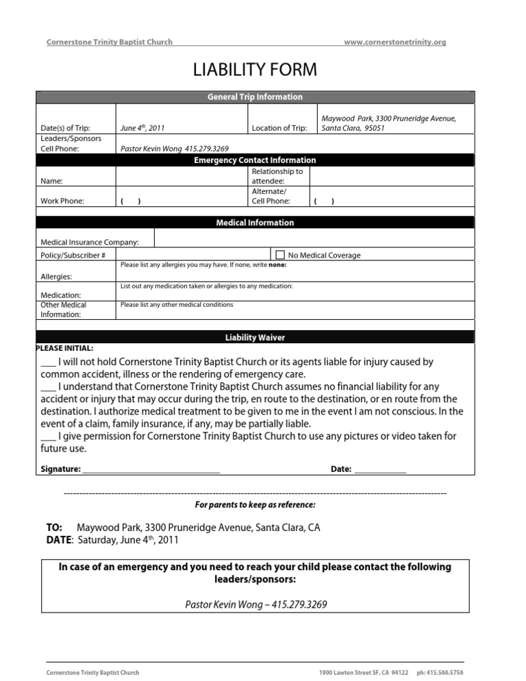 Liability Form for Church Trip | PDF | Insurance | Health Care