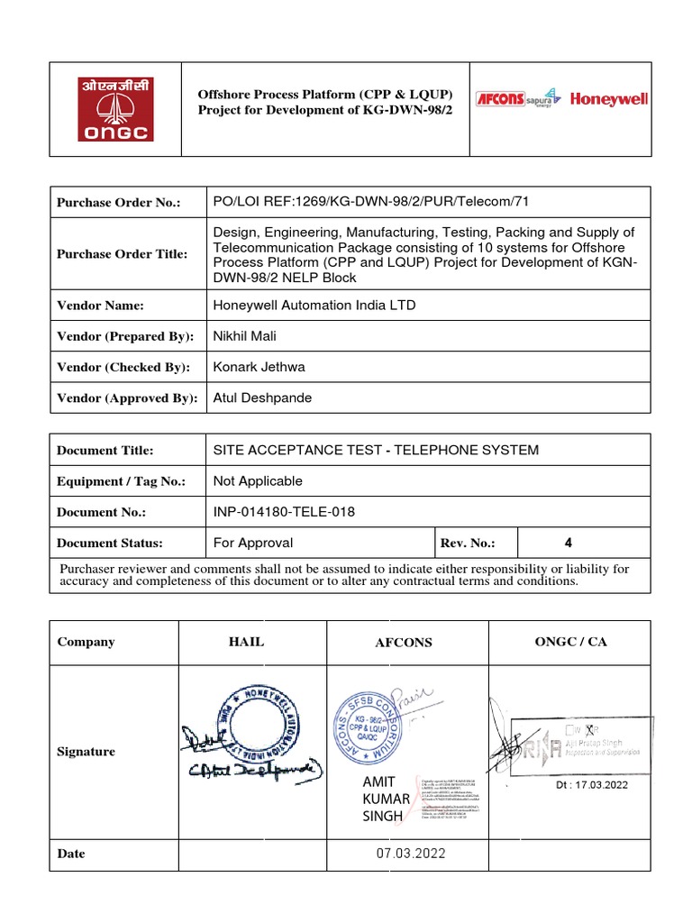 INP-014180-TELE-018-SITE ACCEPTANCE TEST PROCEDURE-Rev04 | PDF ...