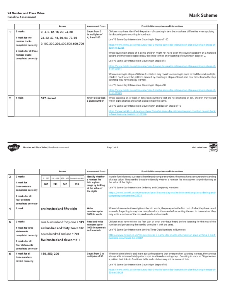 Baseline Assessment: Number & Place Value | PDF | Numbers | Cognition