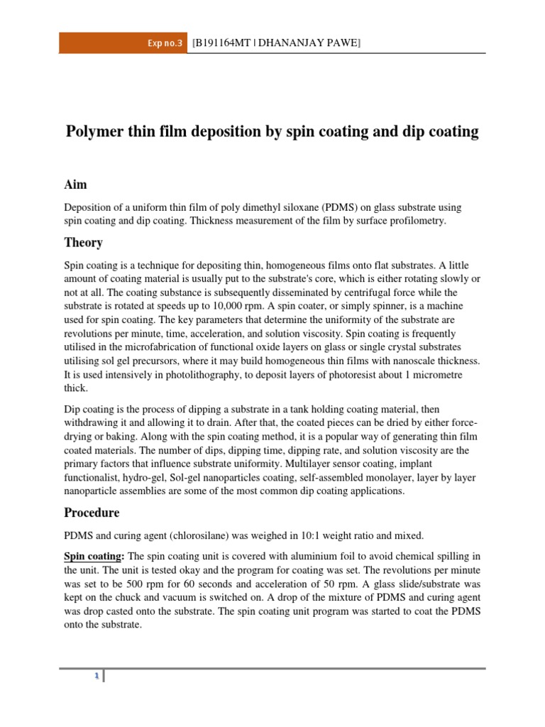 Polymer Thin Film Deposition by Spin Coating and Dip Coating | PDF ...