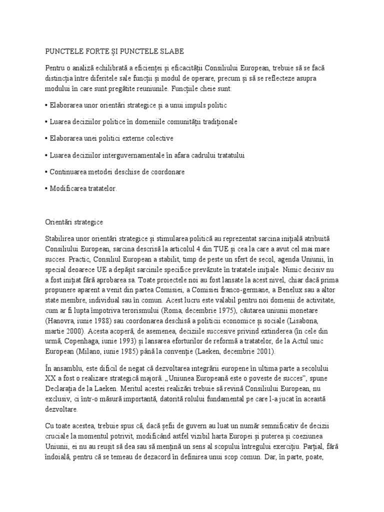 Punctele Tari Si Punctetel Slabe Ale Consiliului European | PDF