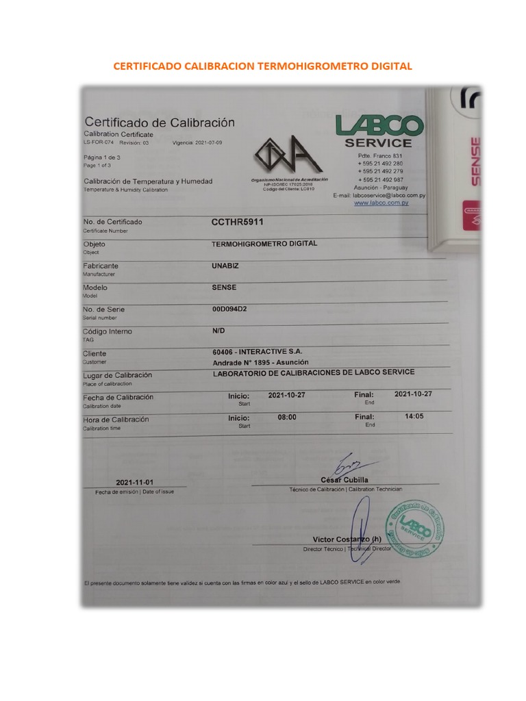 Certificado Calibracion Termohigrometro Digital PDF