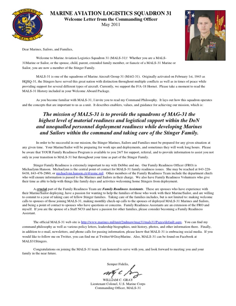 Welcome to MALS-31: Command Letter | PDF | United States Navy | United ...