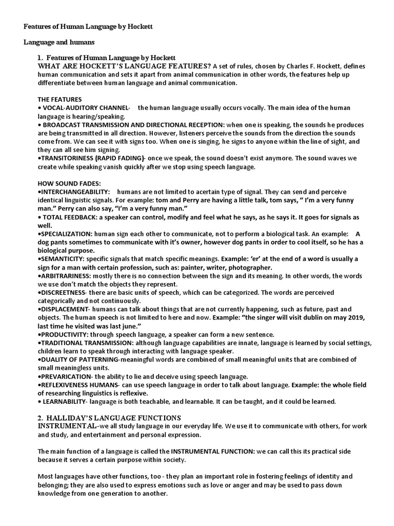 MIDTERM-Features of Human Language by Hockett | PDF | Linguistics ...