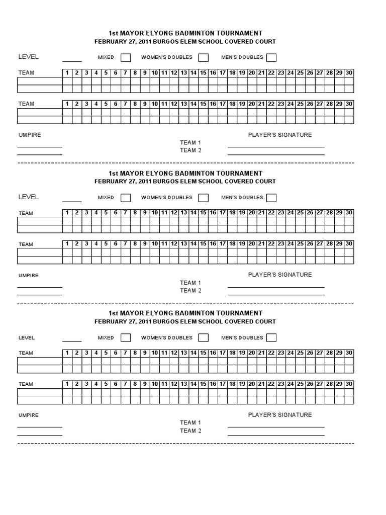 Badminton Score Sheet PDF Racquet Sports Summer Sports